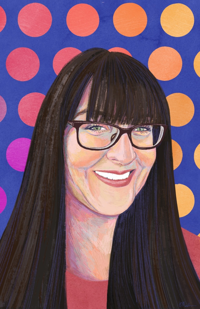 A digital painting of Bridgette. A smiling Caucasian woman with long dark brown hair, bangs and black glasses. She wears a coral coloured shirt. The background is a pink and orange polkadot drain with purple underneath.   
