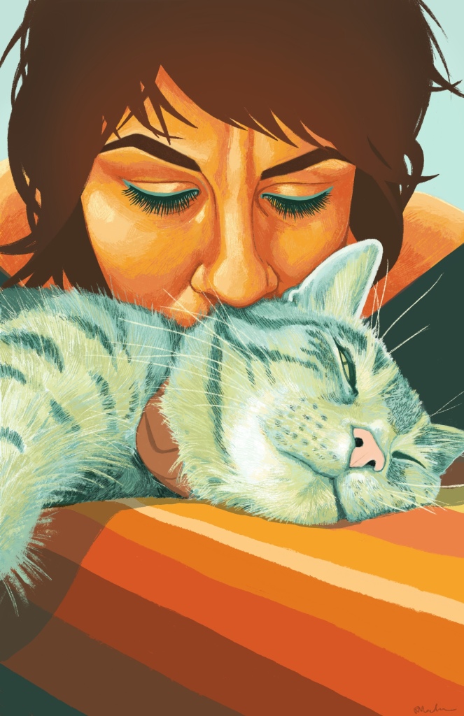 Lindsay is a Caucasian woman with brown hair, and she is rendered in shades of yellow and orange. She is looking down at and kissing the top of her cat's head, who is rendered in shades of green and lying on a blanket striped in shades of orange, yellow and brown. 